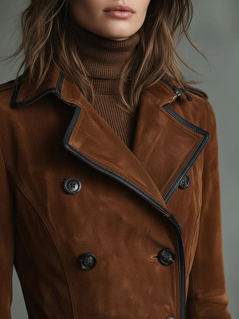 Double-breasted lapel long coat with suede and black trim