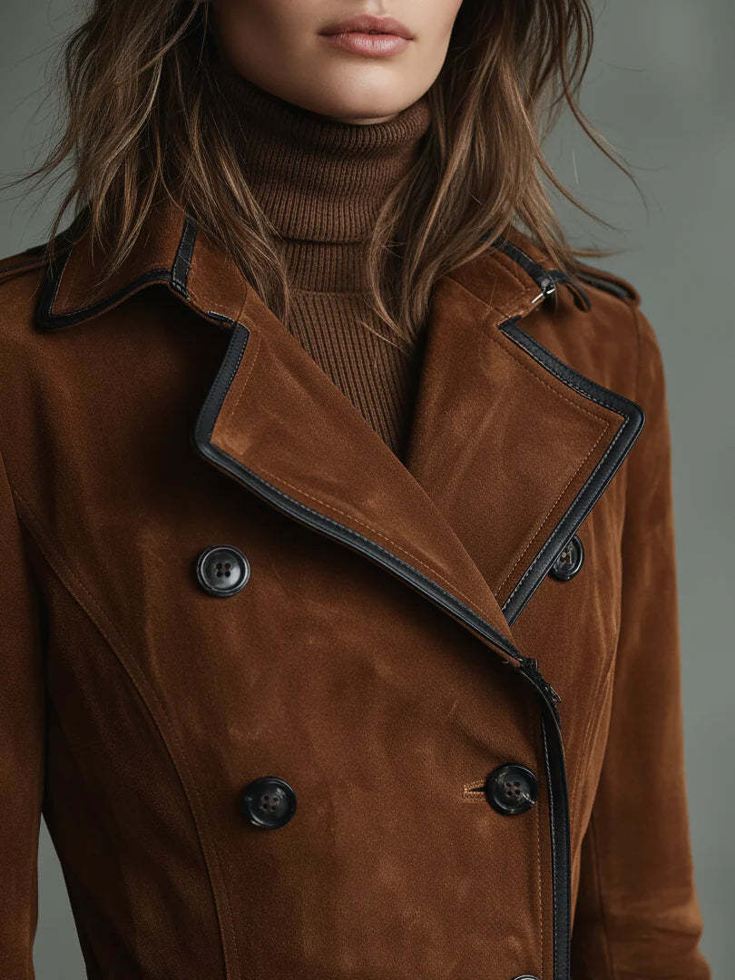 Double-breasted lapel long coat with suede and black trim