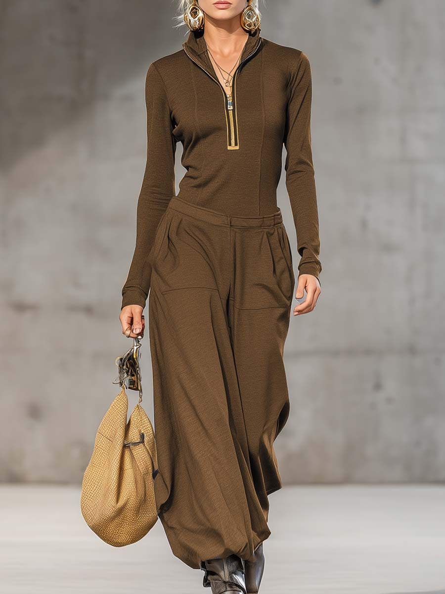 Half-mocked zip-up top and wide-leg pants set