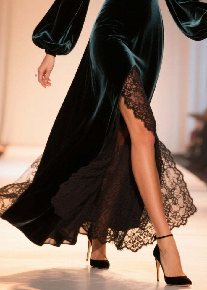 Peacock Green Patchwork Lace Silk Velvet Party Dress Side Open Flare Sleeve