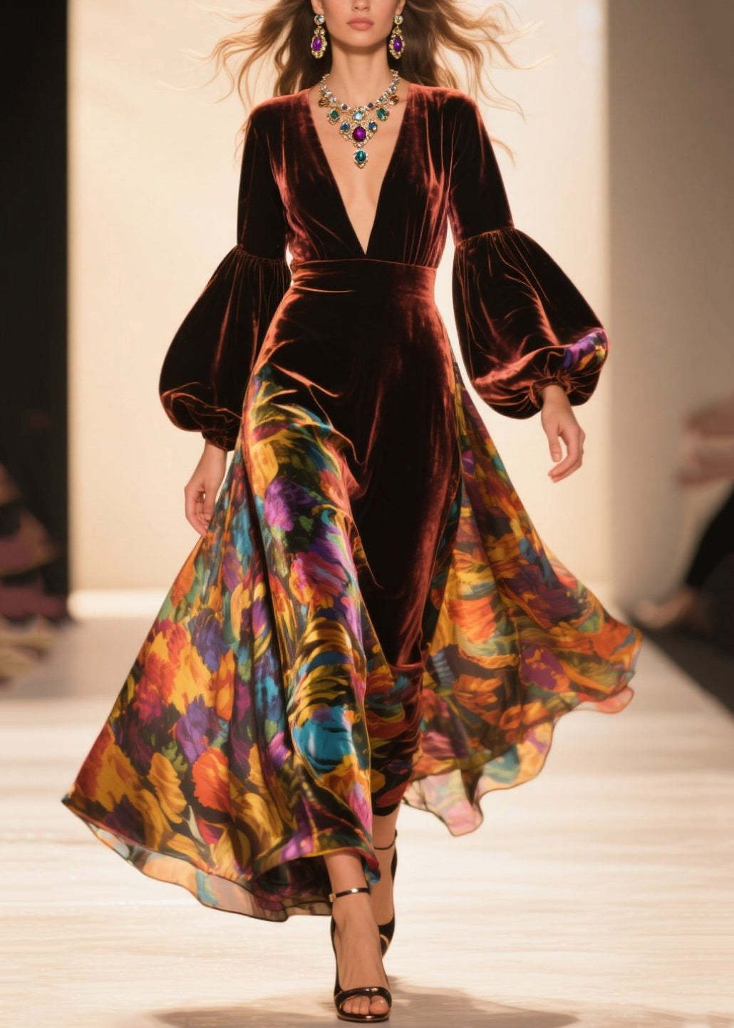 French Brown V Neck Print Velvet Robe Dresses Lantern Sleeve