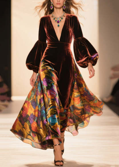 French Brown V Neck Print Velvet Robe Dresses Lantern Sleeve