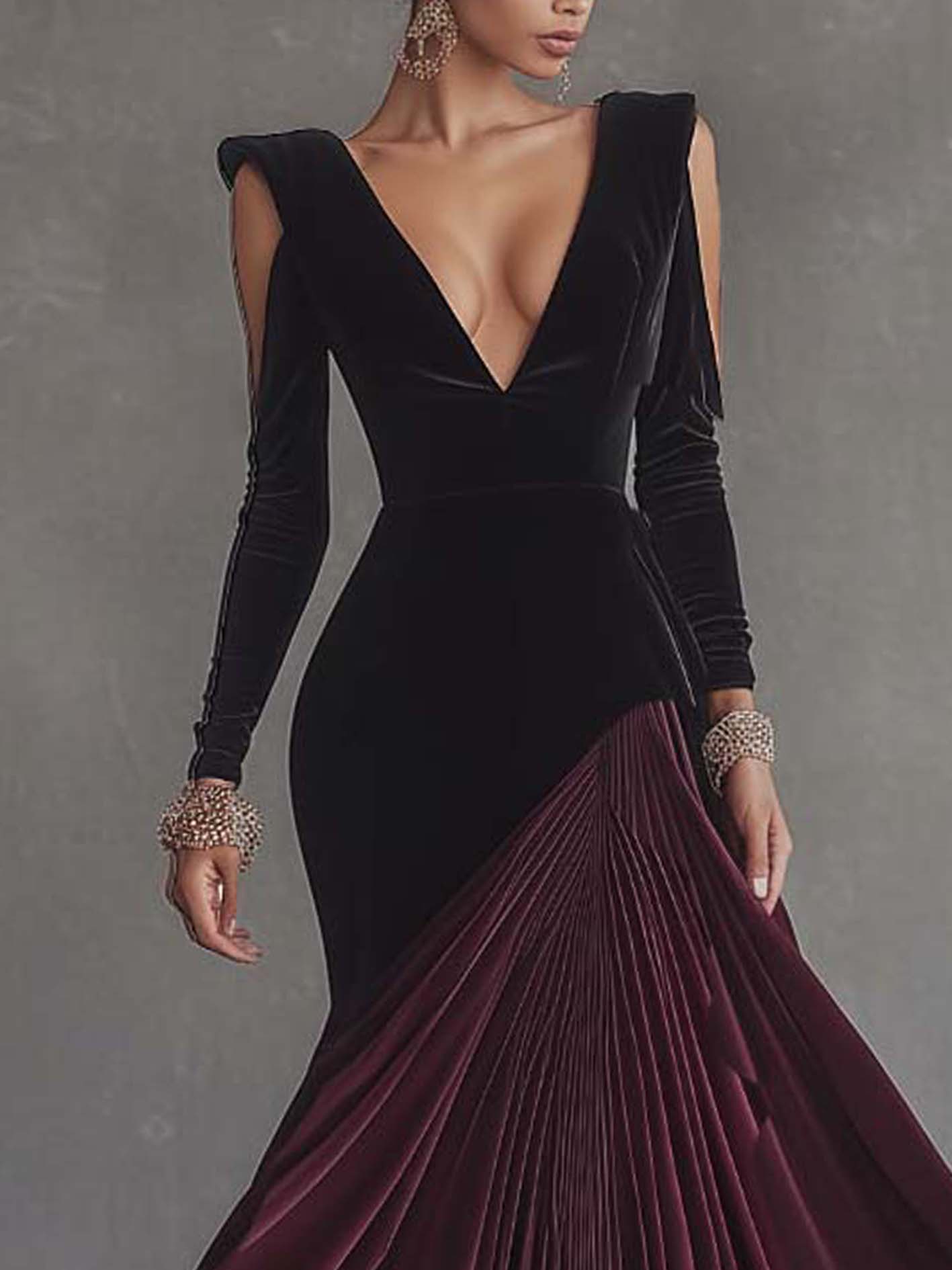 Cold Shoulder Stitching Burgundy Black Velvet Skater Dress