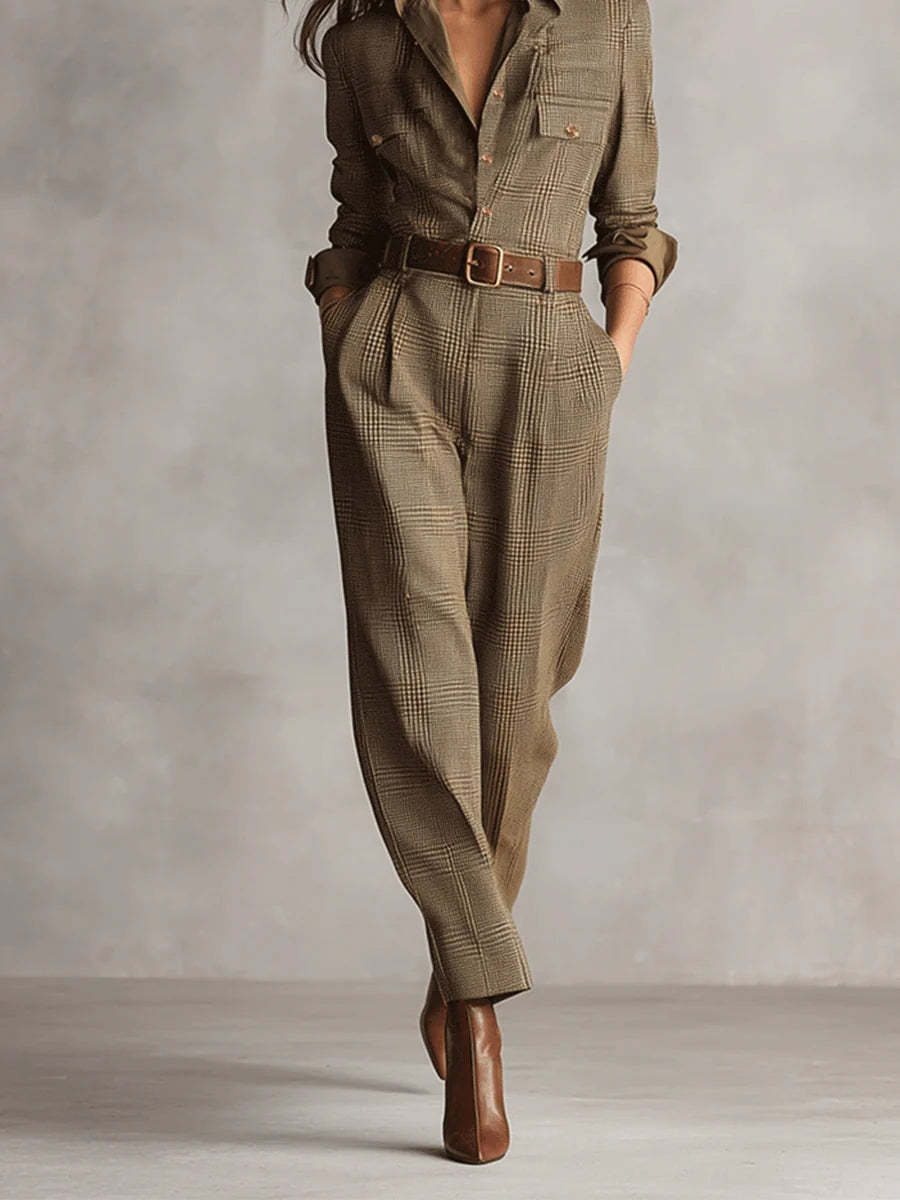 Brown Sophisticated Tweed Texture Plaid Utility Jumpsuit