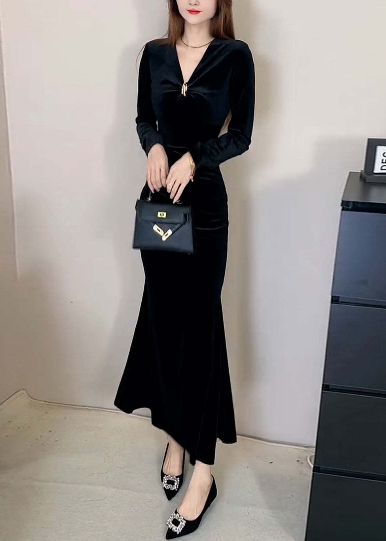 Slim Fit Red V Neck High Waist Silk Velvet Long Dress Winter