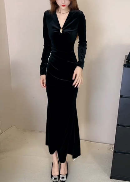Slim Fit Red V Neck High Waist Silk Velvet Long Dress Winter