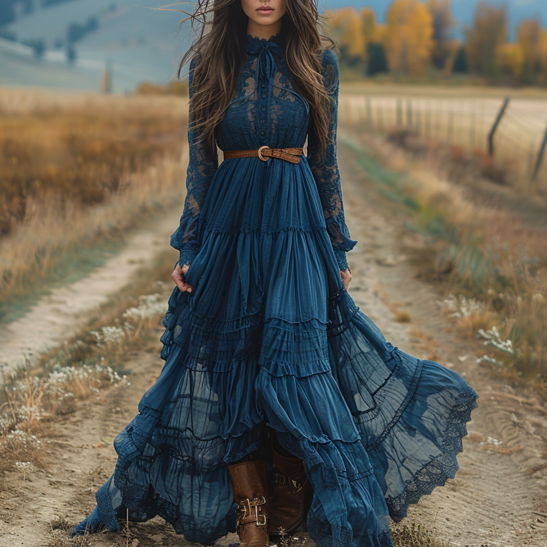 Retro V-neck Lace Linen Women's Long-sleeved Long Skirt Pastoral Style