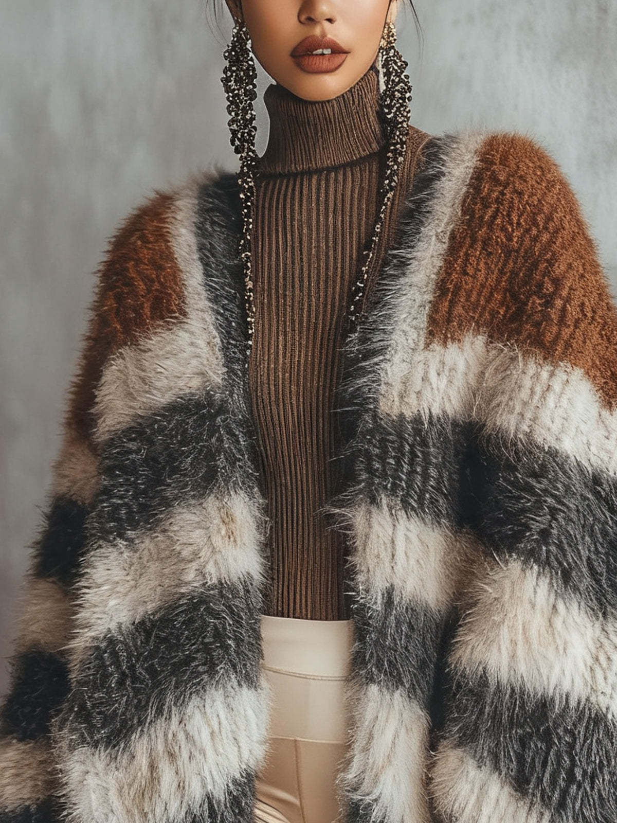 Colorblock Striped Furry Knit Cardigan