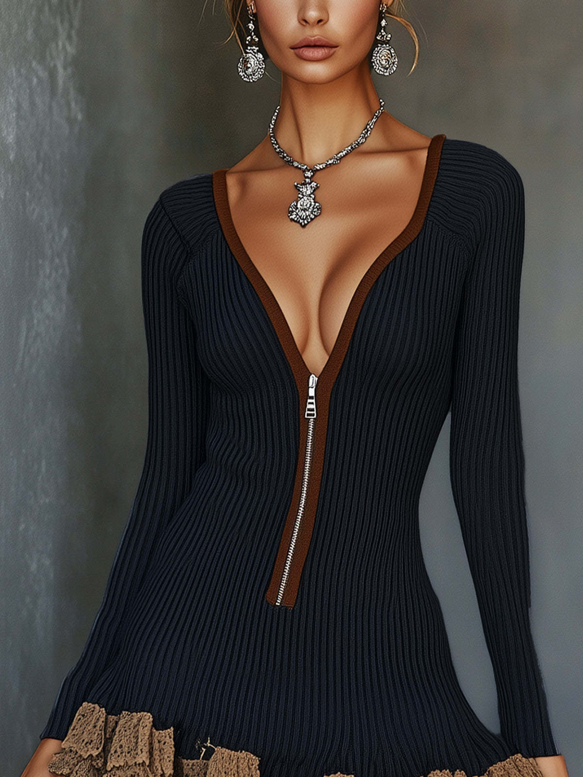 Blue Zip-Front Knit Mini Dress Brown Ruffled Hem