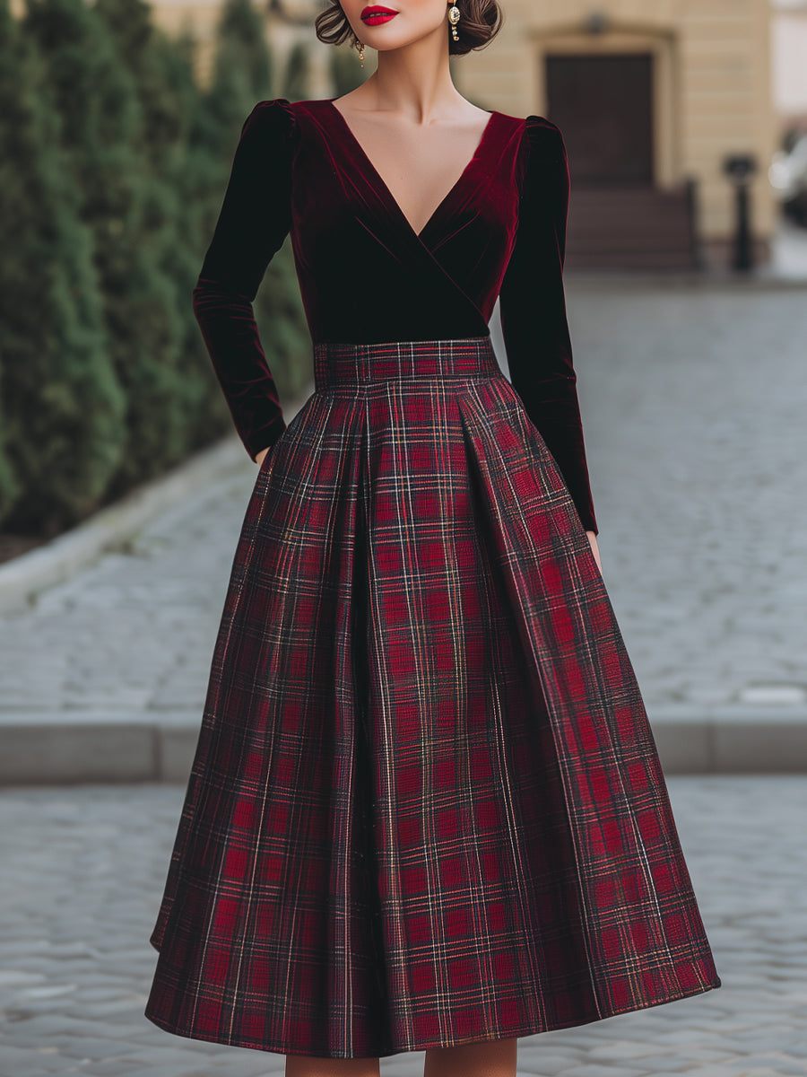 V-Neck Velvet And Plaid Midi Dress
