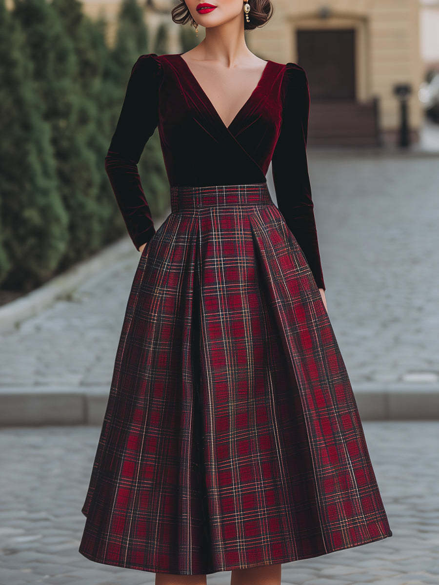 V-Neck Velvet And Plaid Midi Dress