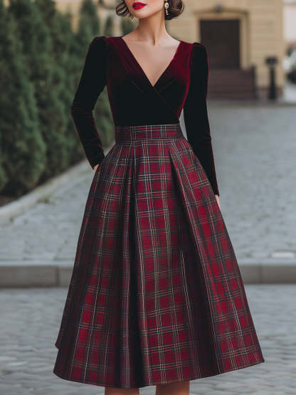 V-Neck Velvet And Plaid Midi Dress