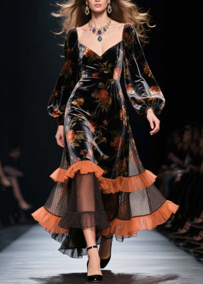 Modern Black Ruffled Patchwork Hollow Out Silk Velvet Dress Spring