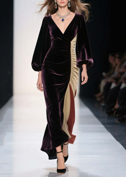 Plus Size Dull Purple Asymmetrical Patchwork Silk Velvet Evening Dress Spring