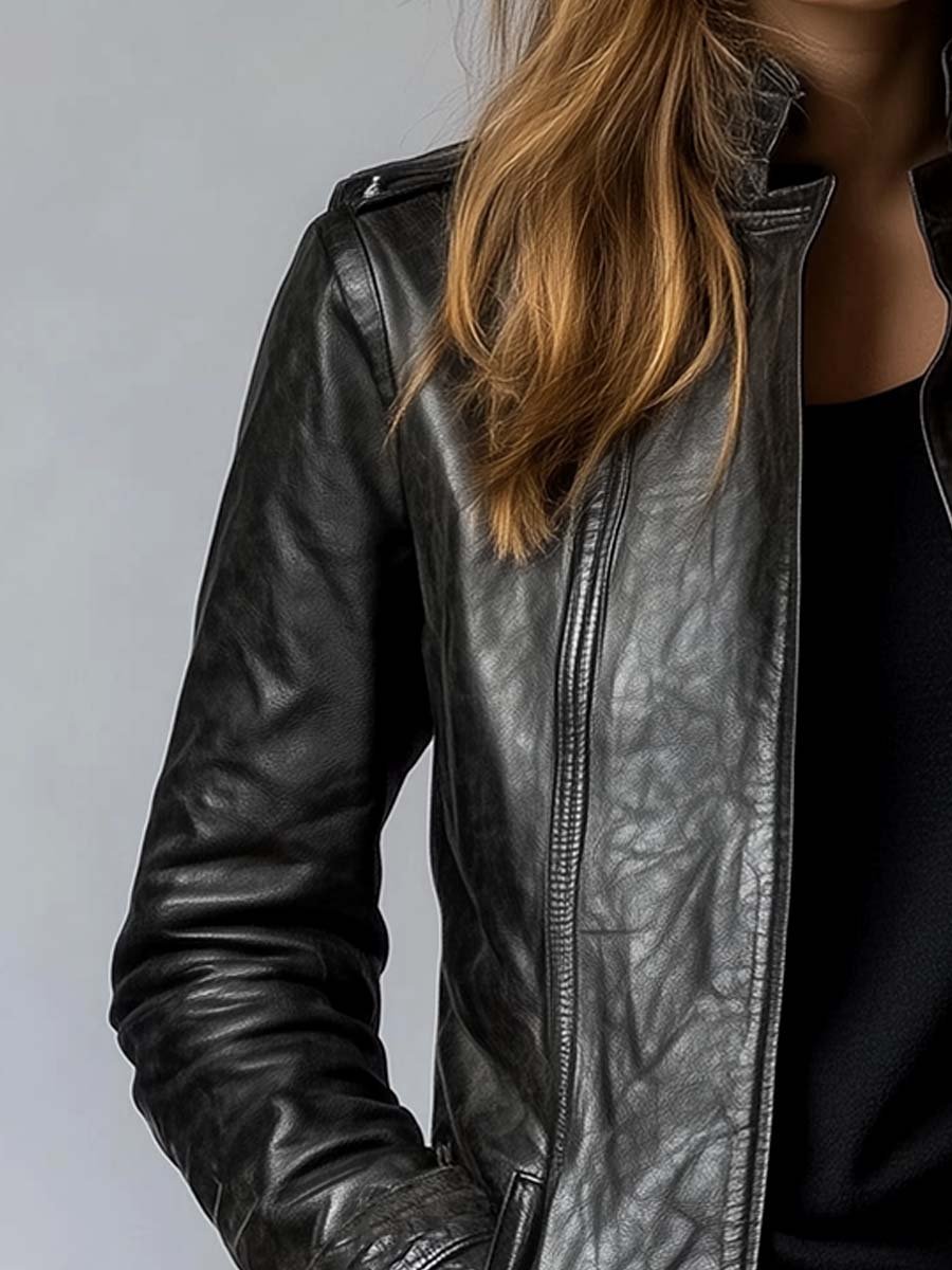 Women's Vintage Stand Collar Faux Leather Jacket