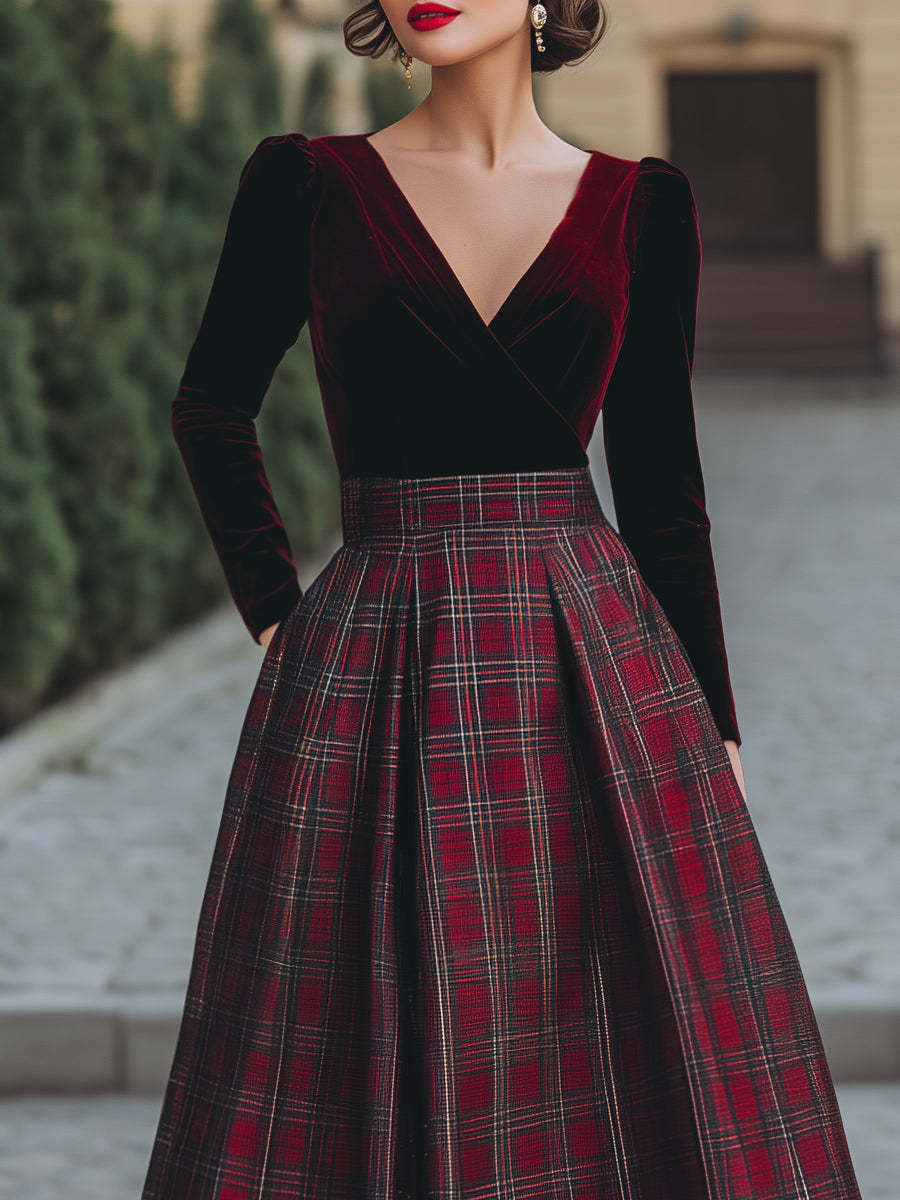 V-Neck Velvet And Plaid Midi Dress