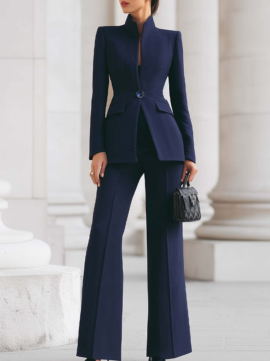 Sophisticated Navy High-Collar Blazer & Wide-Leg Trousers Set