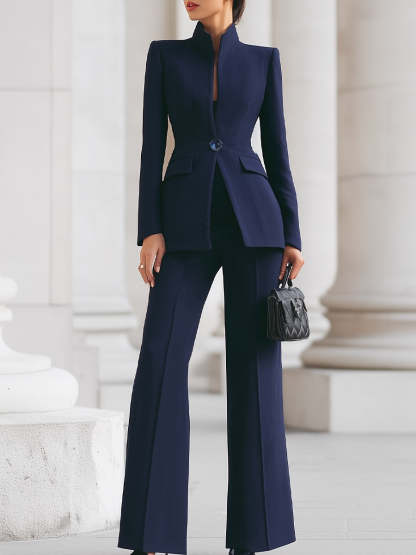 Sophisticated Navy High-Collar Blazer & Wide-Leg Trousers Set
