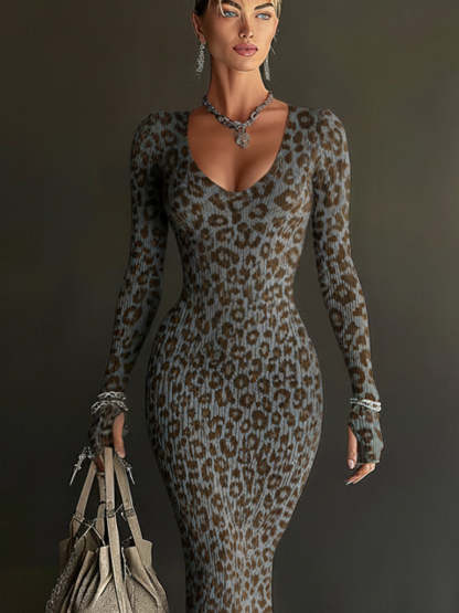 Blue  Leopard Print Knit Fringe Bodycon Dress