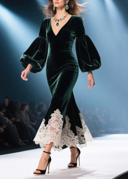 Handmade Tea Green V Neck Patchwork Lace Silk Velvet Wraped Dresses Spring