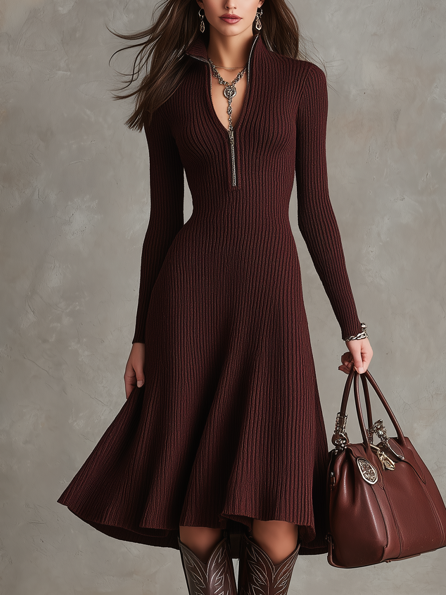 Vintage Zipper Neck Ribbed Knit Midi Dress