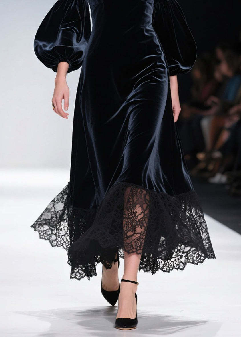 Art V Neck Lace Patchwork Velvet Maxi Dresses Lantern Sleeve