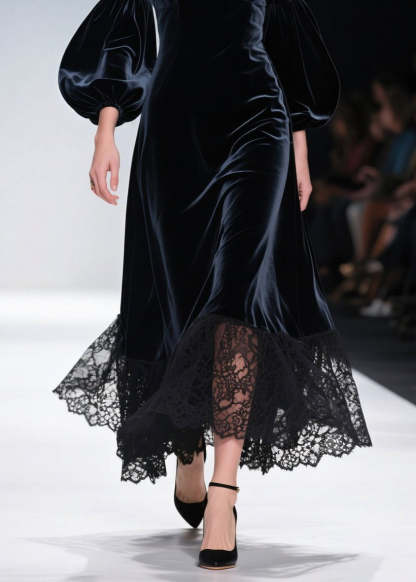 Art V Neck Lace Patchwork Velvet Maxi Dresses Lantern Sleeve