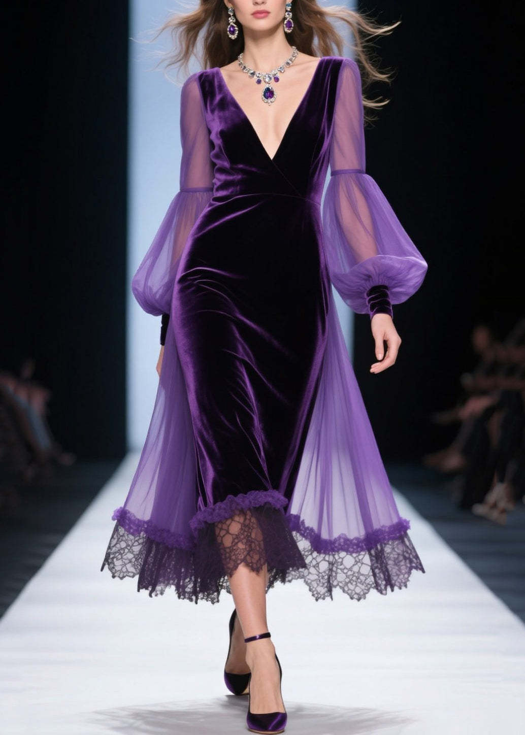 Loose Purple V Neck Lace Patchwork Velvet Dress Fall
