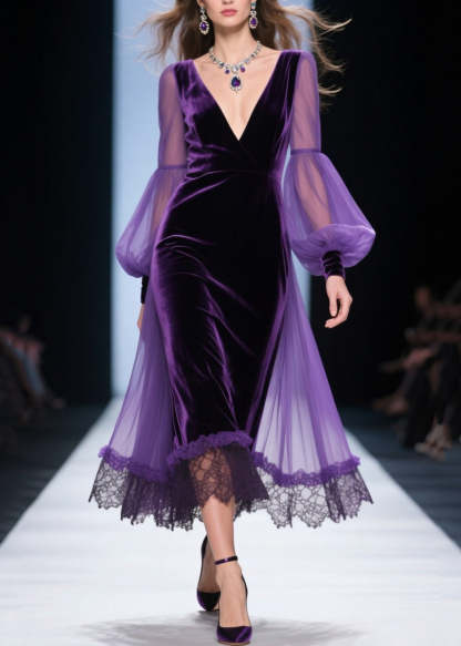 Loose Purple V Neck Lace Patchwork Velvet Dress Fall