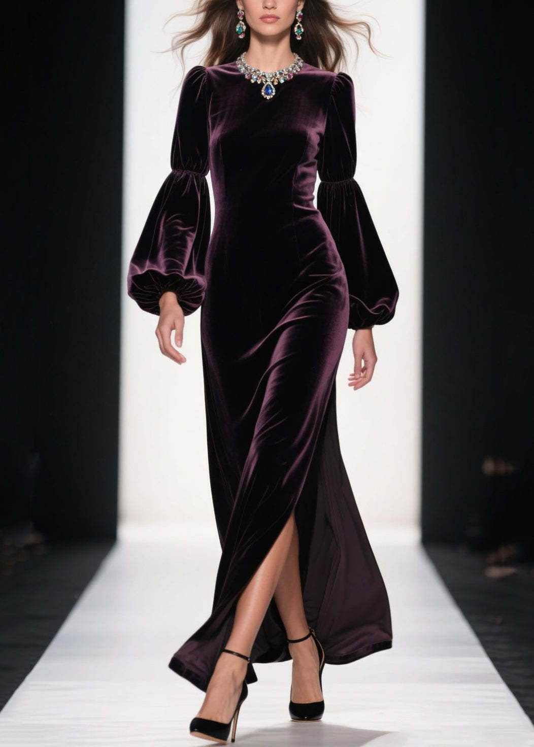 Boutique Purple Side Open Patchwork Velvet Ankle Dress Fall