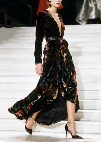 Elegant V Neck Asymmetrical Design Print Velvet Dress Fall