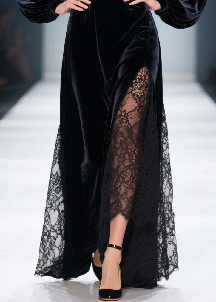 Stylish Black Square Collar Lace Patchwork Silk Velvet Dresses Spring