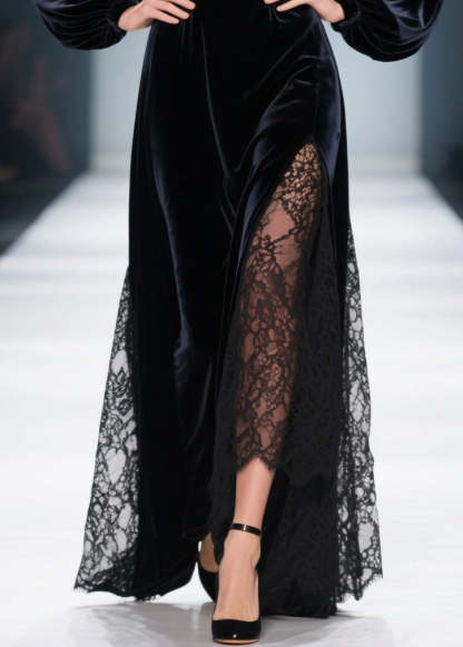 Stylish Black Square Collar Lace Patchwork Silk Velvet Dresses Spring