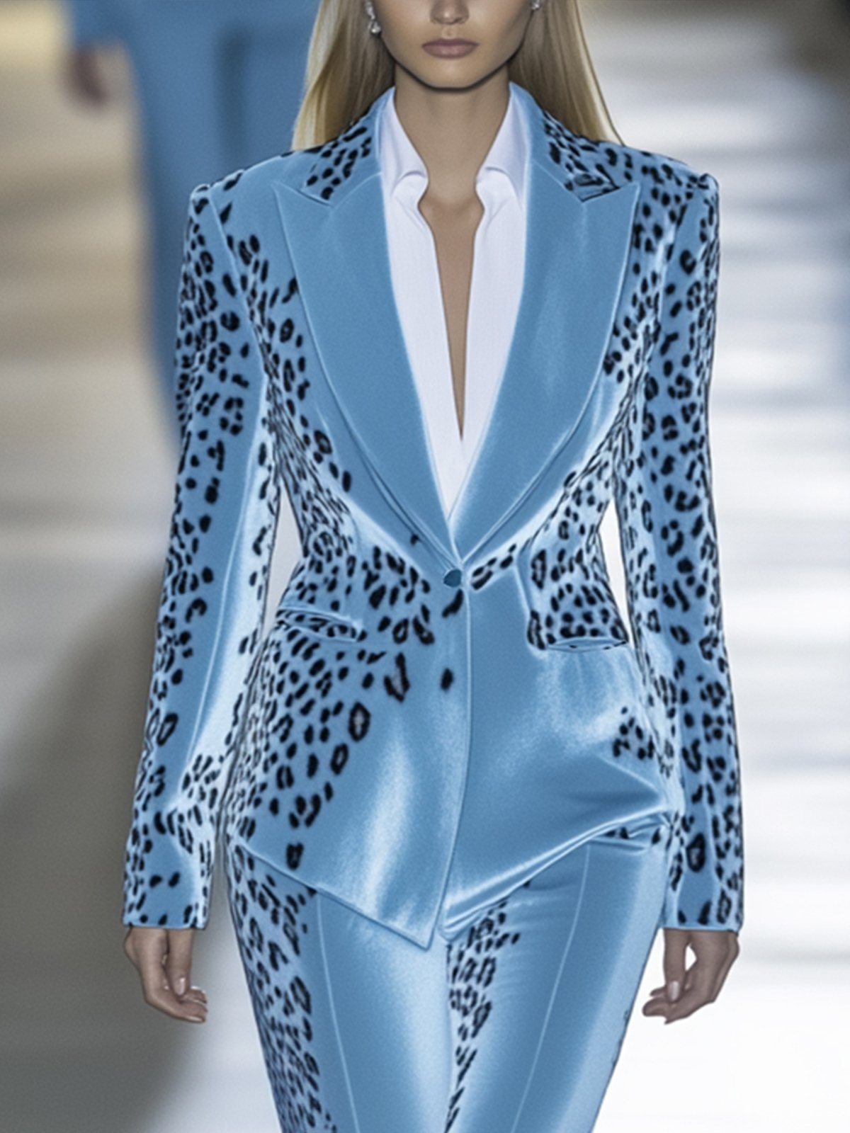 Shipping Sky Blue Velvet Leopard Print Blazer And Pants Suit