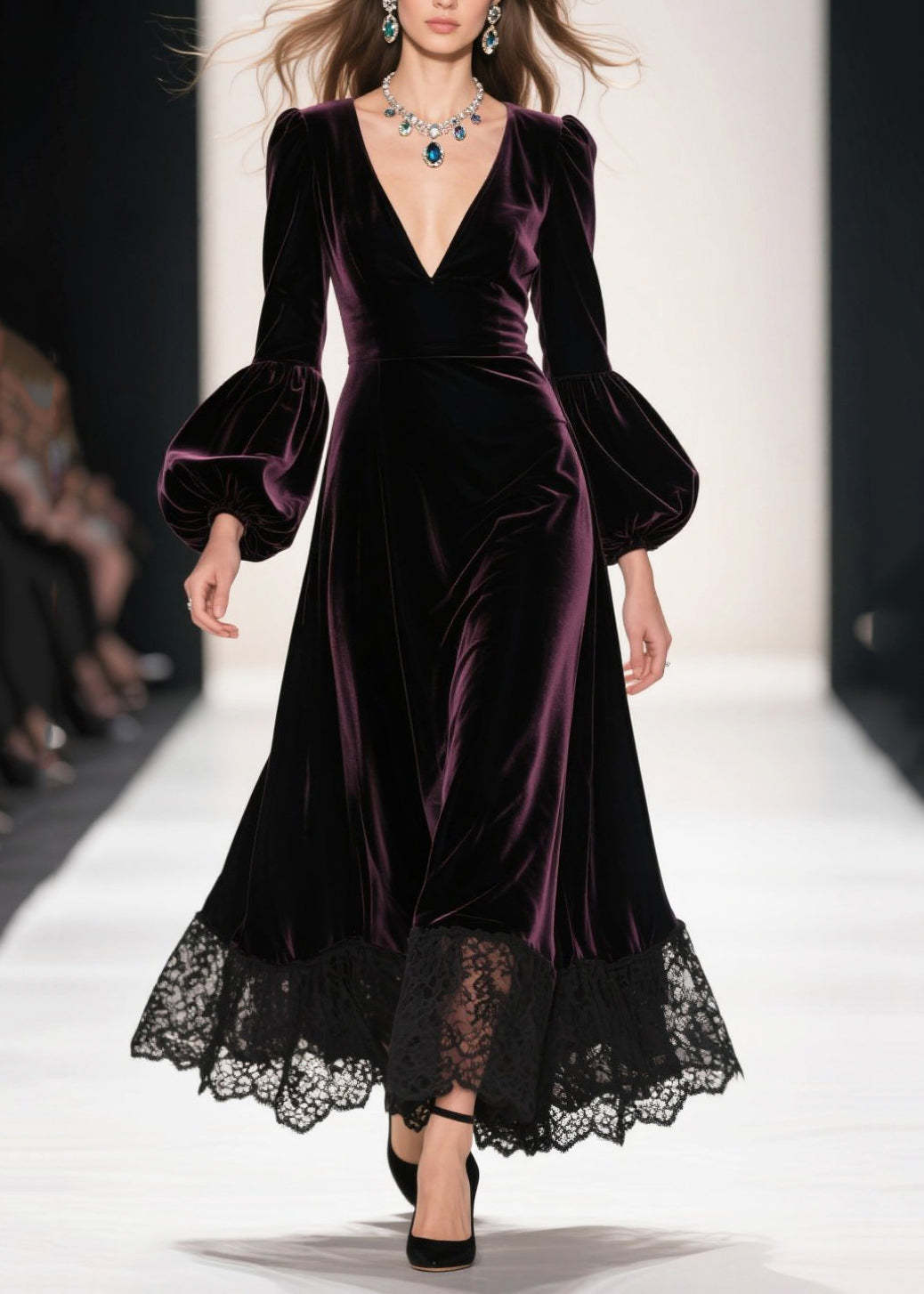 Dull Purple Patchwork Silk Velvet Maxi Dresses Deep-V Neck Lantern Sle