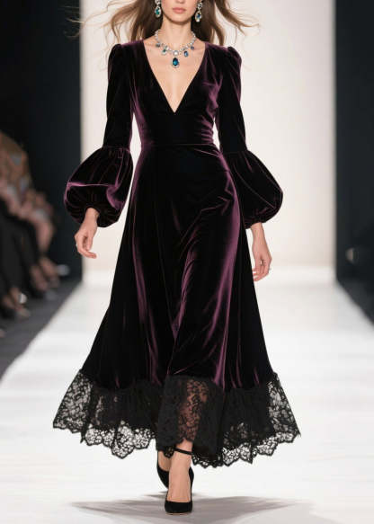 Dull Purple Patchwork Silk Velvet Maxi Dresses Deep-V Neck Lantern Sleeve