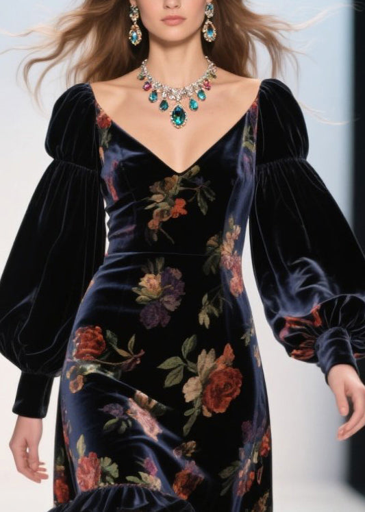 Modern Black Ruffled Patchwork Print Silk Velvet Evening Dress Spring