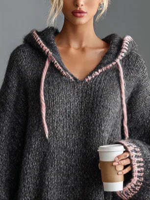 Loose-fitting hooded pink-trimmed knitted mini dress