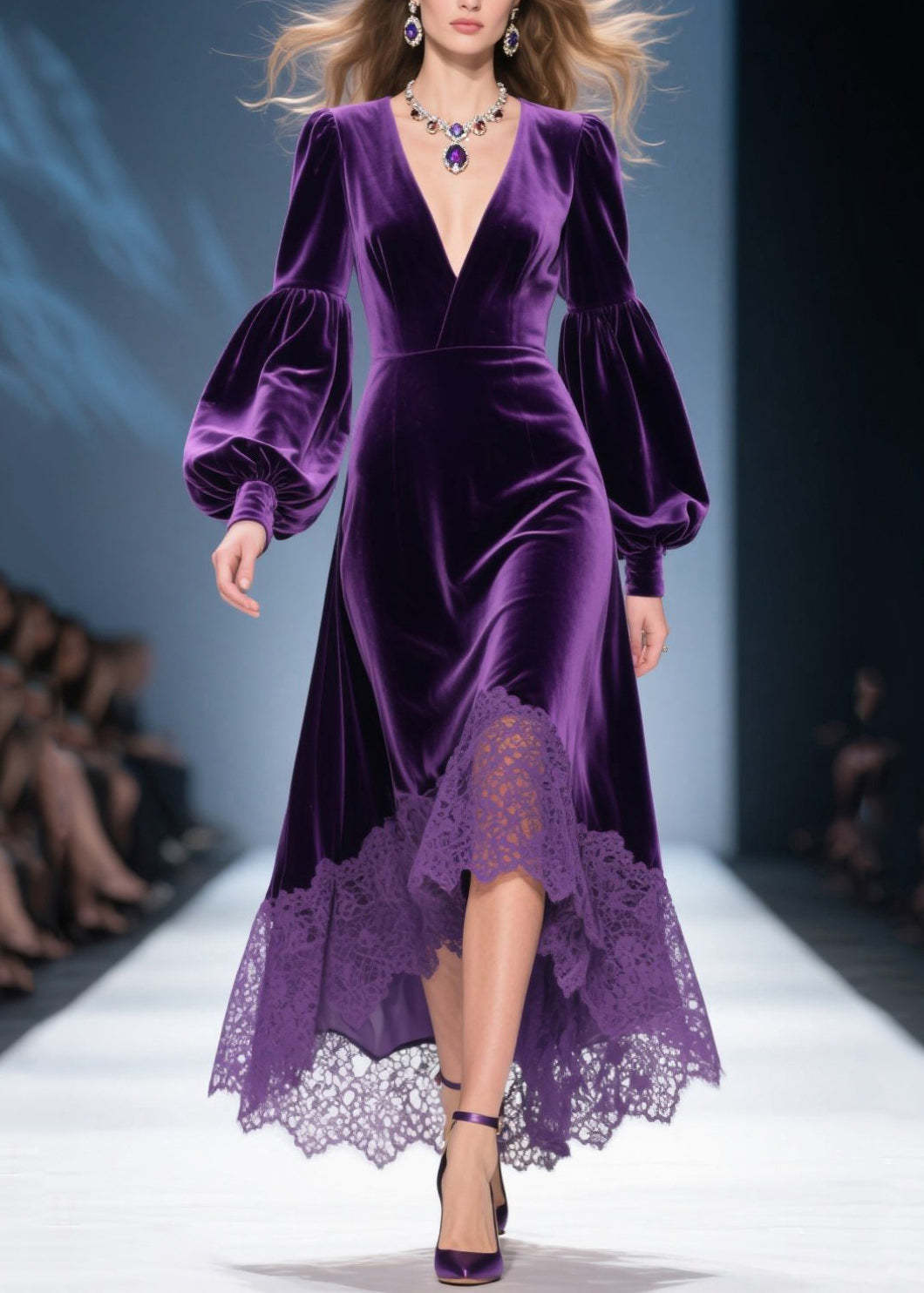 Classy Purple V Neck Patchwork Lace Silk Velvet Robe Dresses Lantern S