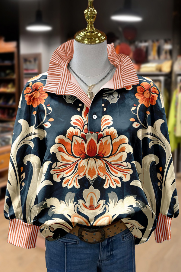 Floral Print Striped Long Sleeve Top