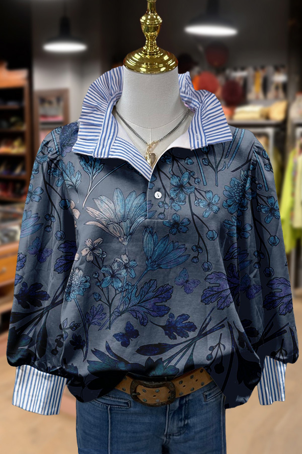Vintage Floral Print Striped Blouse