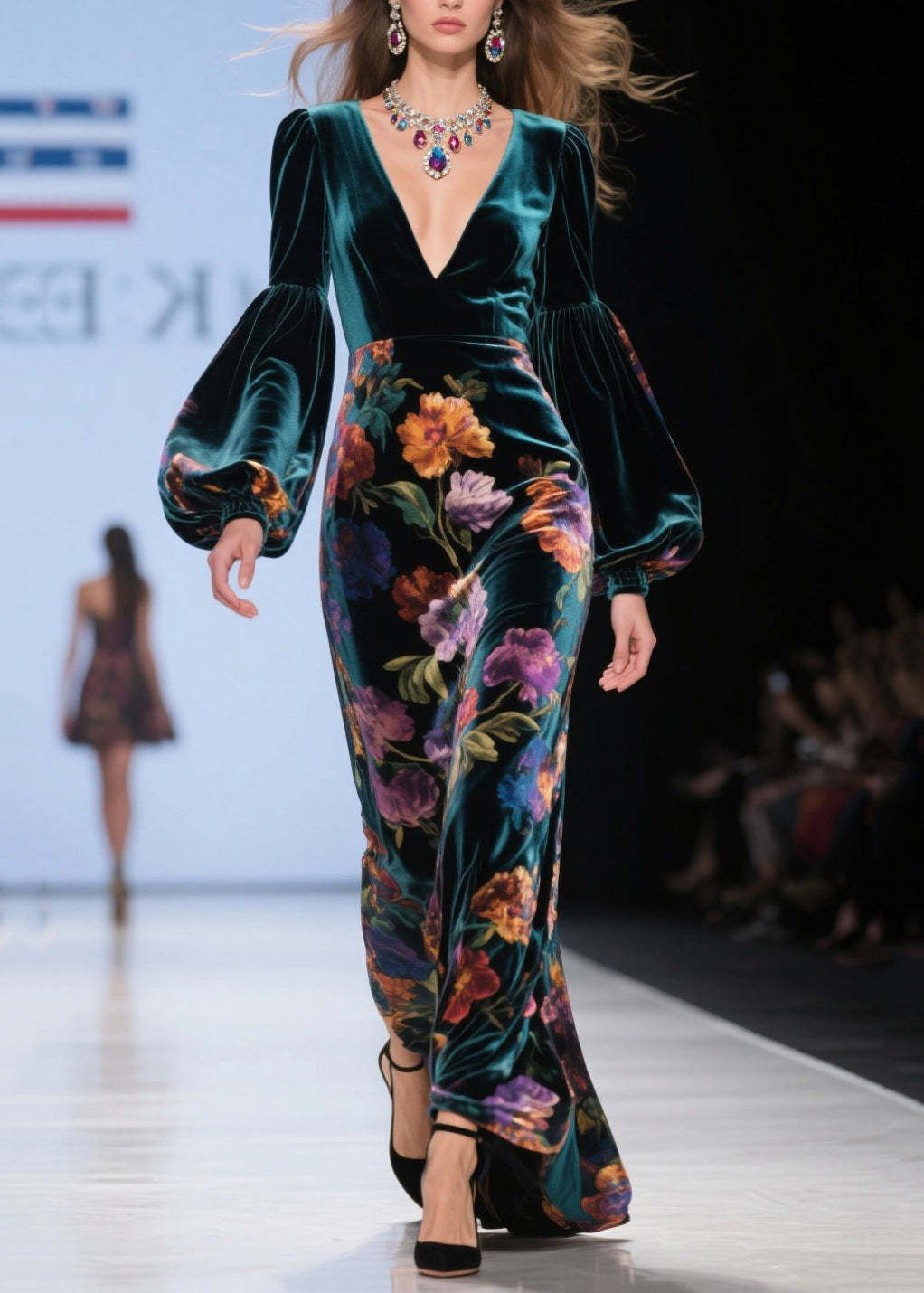 Classy Green V Neck Print Velvet Robe Dresses Lantern Sleeve