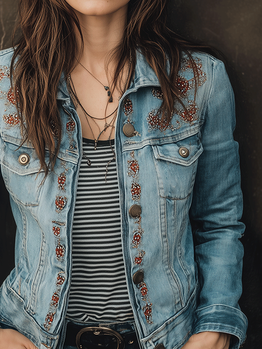 Casual Bohemian Light Washed Embroidered Denim Jacket