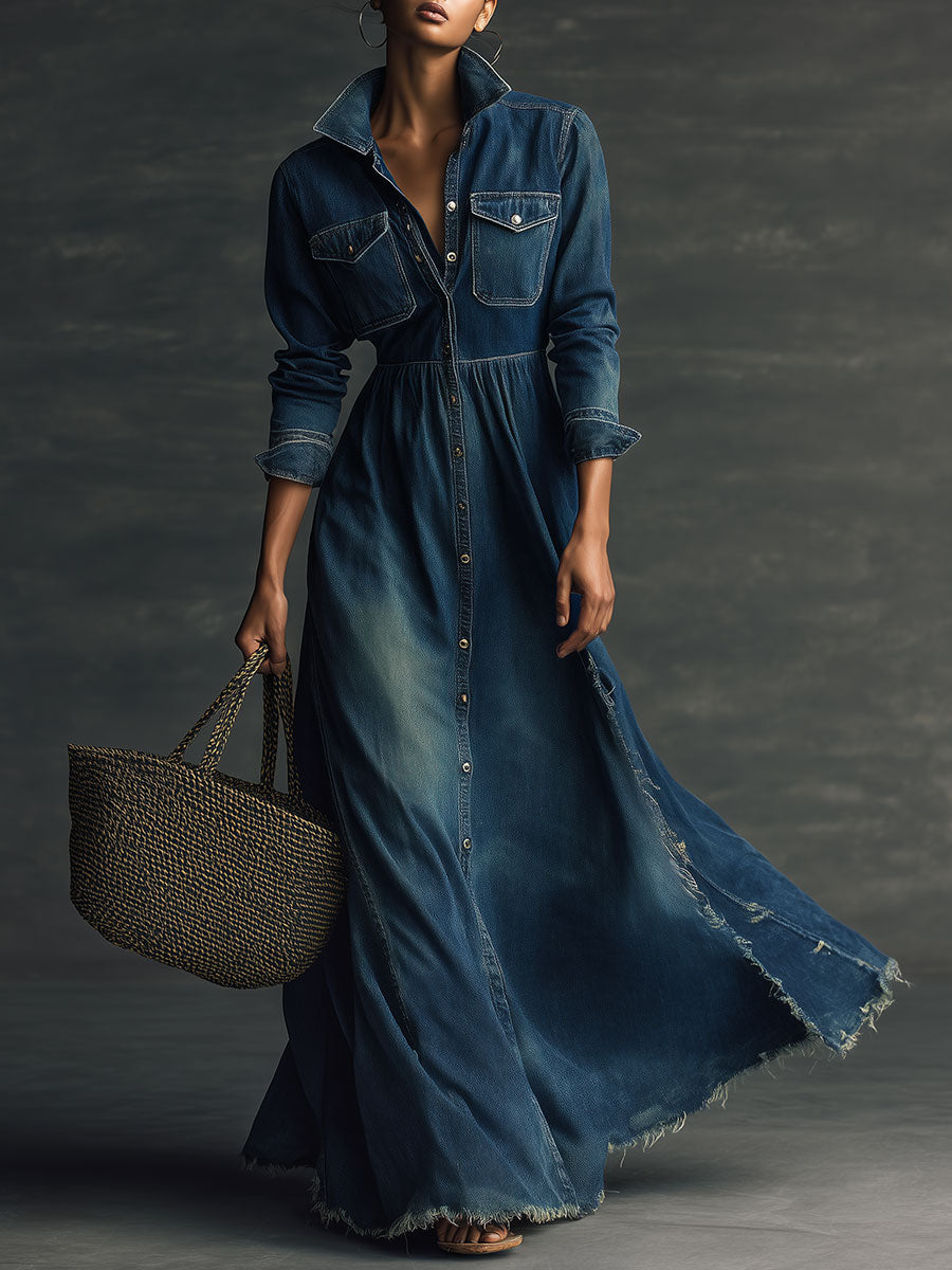 Stylish Stand Collar Washed Raw Hem Maxi Dress
