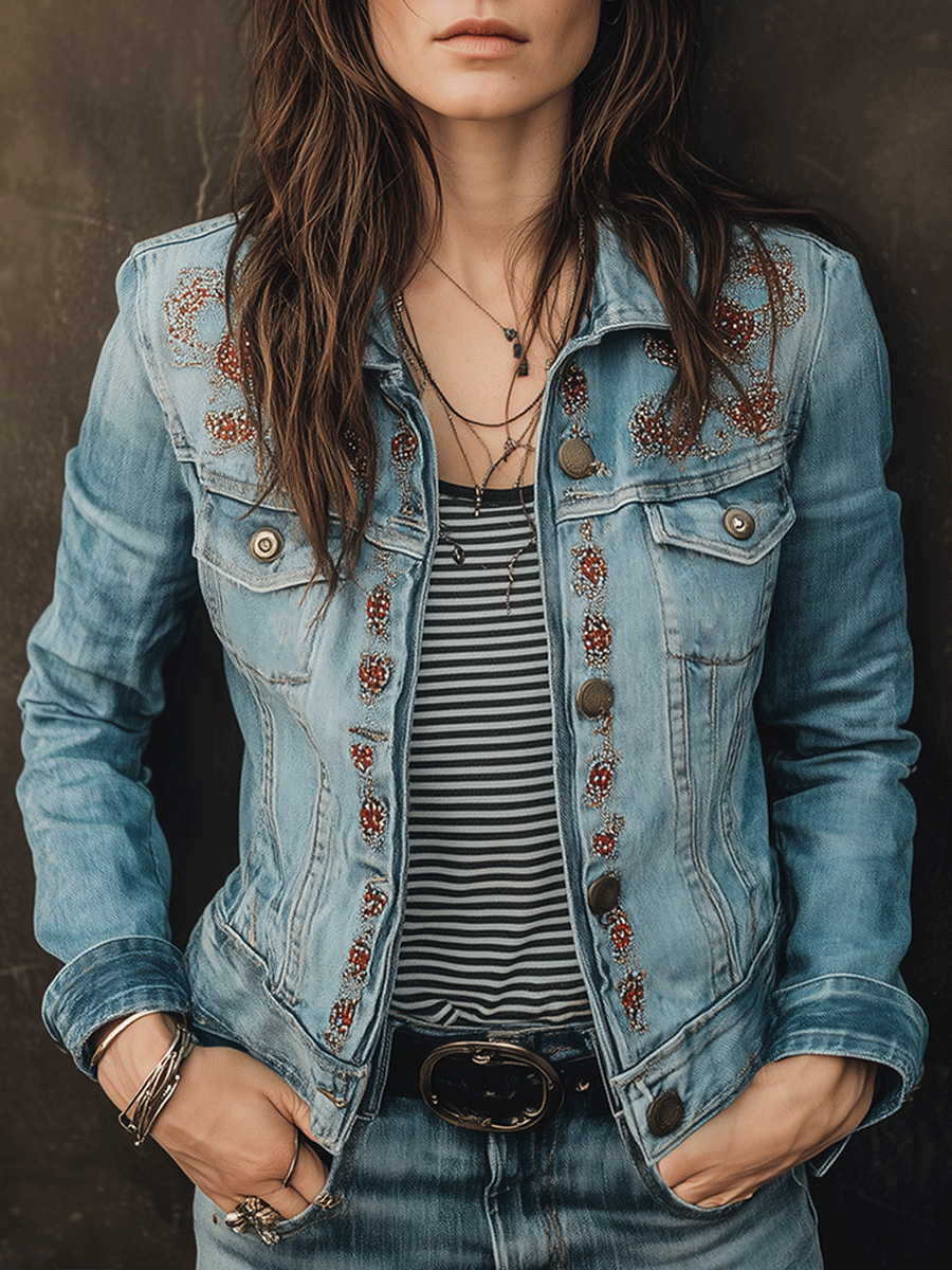 Casual Bohemian Light Washed Embroidered Denim Jacket
