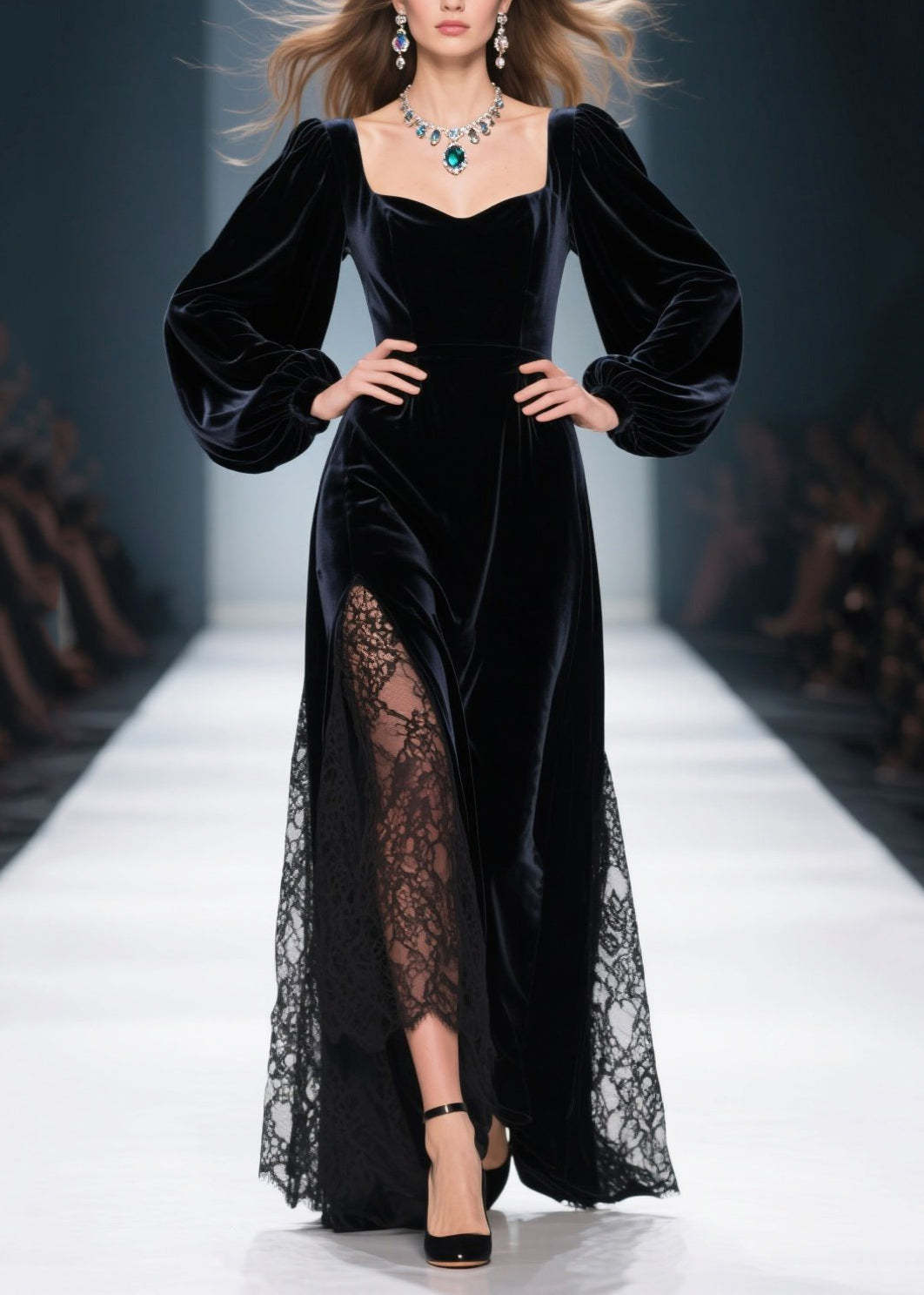 Stylish Black Square Collar Lace Patchwork Silk Velvet Dresses Spring