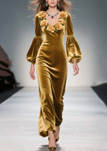 Handmade Yellow V Neck Floral Velvet Long Dresses Fall