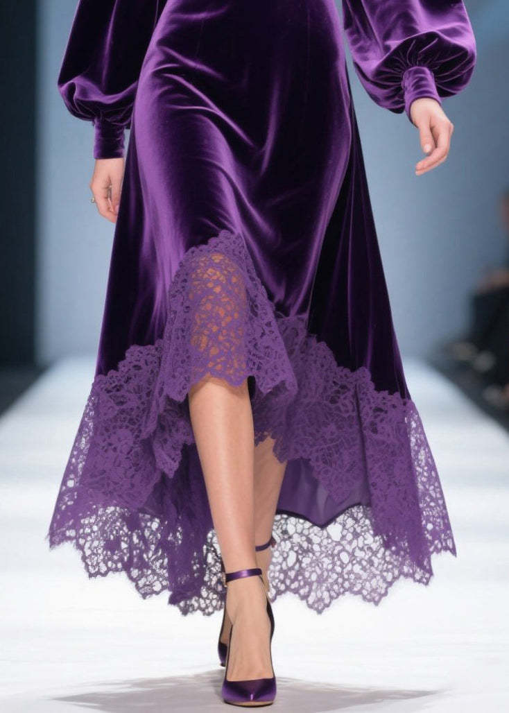 Classy Purple V Neck Patchwork Lace Silk Velvet Robe Dresses Lantern Sleeve