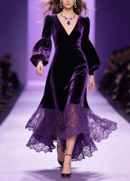 Classy Purple V Neck Lace Patchwork Velvet Dress Fall