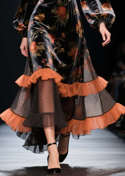 Modern Black Ruffled Patchwork Hollow Out Silk Velvet Dress Spring